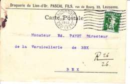 PERFORE SUR CARTE - MAISON " DROGUERIE DU LION-D´OR,PASCAL FILS - LAUSANNE - 1912-(9) - Perforés