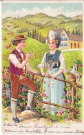 COUPLE EN COSTUME - ILLUSTRATION ET DORURE - GAUFFREE - DOS UNIQUE - 21.03.1906 - CACHET DE HERISAU- TTB - Herisau