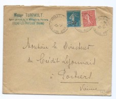1538 - Lettre 1927 Victor TURPAULT à Lussac Les Châteaux Semeuse Surcharge 25c Circulée Pour Poitiers Crédit Lyonnais - 1921-1960: Modern Period