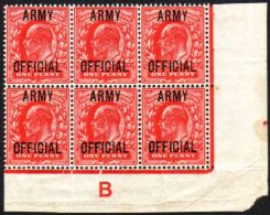 OFFICIALS 1902-03 1d Scarlet 'ARMY OFFICIAL' Opt, SG O49, Never Hinged Corner Control "B" Block Of 6, With Longtop... - Non Classificati