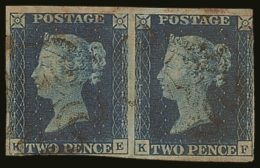 1840 2d Blue PAIR 'KE-KF' Plate 2, SG 5, Used With Light Black MC Cancellations, 'KE' With 4 Close To Large... - Other & Unclassified