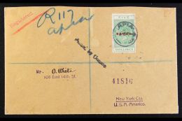 1915 (OCT) Registered Censored Cover To New York Bearing 1914-24 5s Yellow-green Postal Fiscal, Perf 14, SG 124,... - Samoa