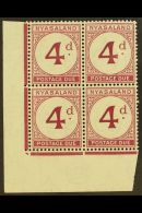 POSTAGE DUES 1950 4d Purple, Corner Block Of 4, SG D4, Never Hinged Mint, Vertical Crease Affects Two Stamps. For... - Nyasaland (1907-1953)