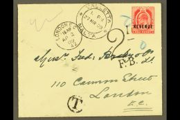 1909 REVENUE USED FOR POSTAGE. (27 March) Cover To London Bearing 1d KEVII "Revenue" Overprinted Stamp, Unaccepted... - Malta (...-1964)