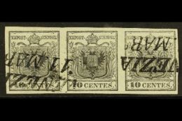 LOMBARDY VENETIA 10c Grey Black, Sass 2c, Superb Used Strip Of 3 With 2 Line "Venezia / 11 Mar" Cancel. Bright And... - Zonder Classificatie