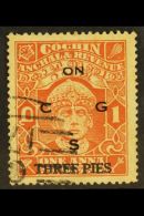 COCHIN - OFFICIALS 3p On 1a Brown - Orange, Perf 13x13½, Rama Varma III, SG O67ba, Very Fine Used. For More... - Other & Unclassified