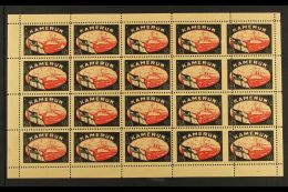 CAMEROON 1919 Superb Never Hinged Mint COMPLETE SHEET Of 20 'KAMERUN' LOST COLONIES MOURNING Labels With Margins... - Altri & Non Classificati