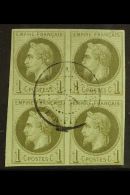 GUADELOUPE 1872 1c Olive Green, Napoleon III, Yv 7, Block Of 4 With Central "Guadaloupe 3 AOUT 72 Pointe A Pitre"... - Other & Unclassified