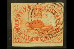 1851 3d Red On Laid Paper, SG 1, Used With 4 Small To Huge Margins Cancelled By Light Concentric- Ring Pmk. A... - Andere & Zonder Classificatie