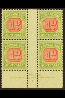 POSTAGE DUES 1938 1d Carmine And Green, SG D113, Marginal Gutter Block Of 4 With John Ash Imprint, Fresh Mint.... - Andere & Zonder Classificatie