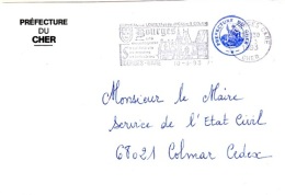 REL-L116 - FRANCE Lettre En Franchise Postale De La Préfecture Du Cher Flamme De Bourges Avec Cathédrale - Civil Frank Covers