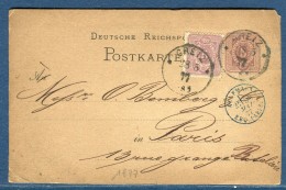 Allemagne - Entier Postal + Complément De Greiz Pour Paris En 1877  Réf S 300 - Cartes Postales