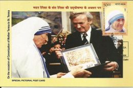 Saint Mother Teresa India Canonization Special Pictorial Post Card  With Mother Teresa Stamp Cancelled, Inde,As Per Scan - Moeder Teresa