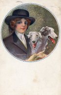 [DC9710] CPA -ILLUSTRATORE MONESTIER C. DONNA CON CANI LEVRIERI - Viaggiata 1917 - Old Postcard - Monestier, C.