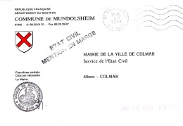 CR-L8 - FRANCE Lettre En Franchise Postale De La Commune De Mundolsheim Blason Avec Croix - Lettres Civiles En Franchise