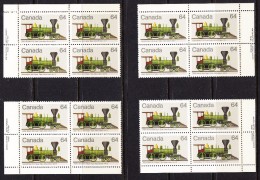 Canada 1983 Trains, Corner Plate Blocks, Mint No Hinge, Sc# 1002 - Trenes