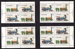 Canada 1983 Trains, Corner Plate Blocks, Mint No Hinge, Sc# 1001 - Trenes