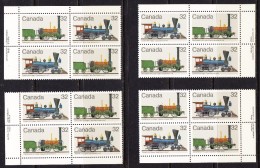 Canada 1983 Trains, Corner Plate Blocks, Mint No Hinge, Sc# 1001 - Trains