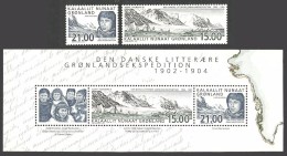 GREENLAND 2003 EXPEDITIONS DANISH LITERARY EXPLORERS CENTENARY SET & M/SHEET MNH - Nuovi