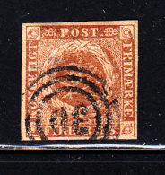 Denmark Used Scott #2b 4rs Royal Emblems, Yellow Brown  Cancel: 3-ring '30' - Used Stamps