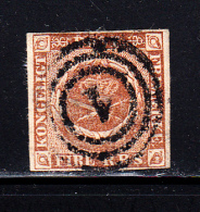 Denmark Used Scott #2b 4rs Royal Emblems, Yellow Brown  Cancel: 3-ring '1' - Gebraucht