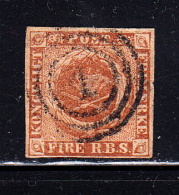 Denmark Used Scott #2b 4rs Royal Emblems, Yellow Brown  Cancel: 3-ring '1' - Usati