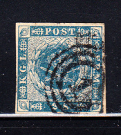 Denmark Used Scott #3 2s Royal Emblems, Blue  Cancel: 3-ring '1' - Usati