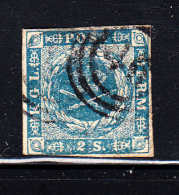 Denmark Used Scott #3 2s Royal Emblems, Blue  Cancel: 3-ring '46' - Gebraucht