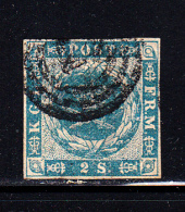 Denmark Used Scott #3 2s Royal Emblems, Blue - Used Stamps