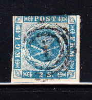Denmark Used Scott #3 2s Royal Emblems, Blue  Cancel: 3-ring '1' - Used Stamps