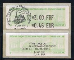 ATM, 3.00 FRF-0.46 EUR, Oblitérée FDC, 74éme CONGRES DE LA FFAP, TOURS, 1er JUIN 2001. - 1999-2009 Illustrated Franking Labels