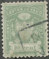 SWITZERLAND SUISSE SCHWEIZ SVIZZERA 1865 CANTON DE VAUD CENT. 10 10c FISCAL STAMP REVENUE USATO USED OBLITERE' - Fiscale Zegels