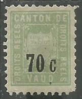 SWITZERLAND SUISSE SCHWEIZ SVIZZERA CANTON DE VAUD CENT. 70 ON 10 70C ON10c FISCAL STAMP REVENUE USATO MNH - Fiscale Zegels