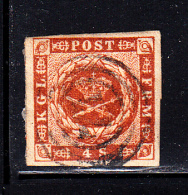 Denmark Used Scott #4 4s Royal Emblems  Cancel: 3-ring Numeral - Used Stamps