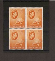 SEYCHELLES 1941 3c SG 136a IN LIGHTLY MOUNTED MINT BLOCK OF FOUR CHALK SURFACED PAPER Cat £5 - Seychelles (...-1976)