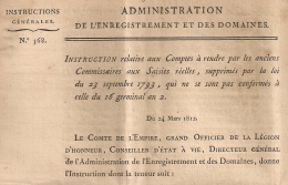 N° 568. COMMISSAIRES AUX SAISIES. 1812. Administration Enregistrement Domaines.  4 FEUILLETS. - Décrets & Lois