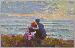 Cpa LITHO Chromo Illustrateur GUERZONI SELECTO N° 23 COUPLE ASSIS FALAISE COUCHE SOLEIL MER Ecrite 1917 - Guerinoni