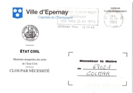HOP-L9 - FRANCE Lettre En Franchise Postale De La Ville D'Epernay Flamme Du Centenaire De L'Hôpital Auban Moët - Cartas Civiles En Franquicia