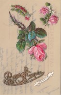 Matériaux - Celluloïd Celluloïde - Carte Porcelaine - Découpi Roses - Bonne Année - Cartes Porcelaine