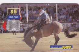 Uruguay TC 050a, Corcoveo - Gaucho Rides A Brown Horse, Horses, 2 Scans. - Uruguay