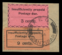 /\       J4, J13 (D5, D19) 1934 Combination Piece^ With 9¢ Black On Orange And 3¢ Black On Rose Postage... - Zanzibar (...-1963)