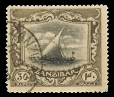 O        177 (297) 1929 30R Black And Brown Dhow^, Wmkd Script CA (sideways), Perf 14, Scarce, Seldom Seen Used,... - Zanzibar (...-1963)