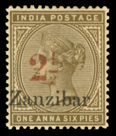 *        27 (30) 1896 2½a On 1a6p Sepia Q Victoria Stamp Of India^, Red SG Type 7 Surcharge (Scott Type E),... - Zanzibar (...-1963)