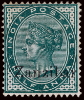 *        3d (3m) 1895 ½a Blue-green Q Victoria Stamp Of India^ Overprinted "Zanzibar", VARIETY - Overprint... - Zanzibar (...-1963)