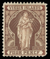 *        24a (46a) 1899 4d Chocolate St. Ursula, Wmkd CA, Perf 14, VARIETY -  "FOURPENCF" (row 10, Pos 3), Only 298... - British Virgin Islands
