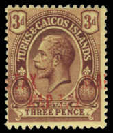 *        MR6a (145a) 1918 3d Purple On Yellow K George V^ With SG Type 40 Overprint In Red "WAR TAX", ERROR -... - Turks & Caicos (I. Turques Et Caïques)