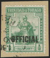 /\       O5 Var Footnoted (O15a) 1917 ½d Yellow-green Britannia Overprinted "OFFICIAL"^ SG Type O6, Wmkd... - Trinité & Tobago (...-1961)