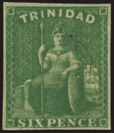 O        16 (28) 1859 6d Deep Green Britannia^, Unwmkd, Imperf, Four Margins, Very Lightly Canceled, VF Scott... - Trinité & Tobago (...-1961)