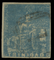 O        9 (13) 1852 (1d) Blue Lithographed Britannia^ On Yellowish Paper, Fine Impression, Imperf, Four Margins,... - Trinidad & Tobago (...-1961)