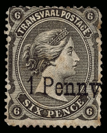 *        117 (144) 1879 1d On 6d Black-brown Q Victoria^ Provisional Overprint SG Type 14 In Black, Scarcest Type... - Transvaal (1870-1909)